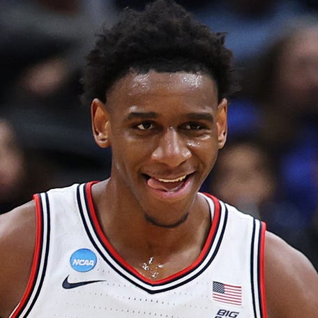 UConn forward Tarris Reed Jr. reacts during the first half against the Michigan State Spartans in the Sweet Sixteen of the 2026 NCAA Men's Basketball Tournament at Capital One Arena in Washington, D.C. on March 27, 2026.