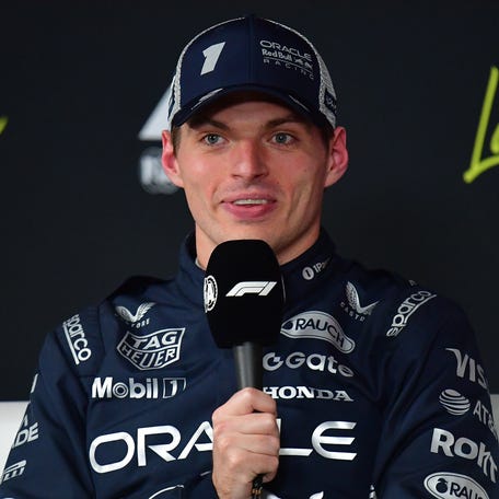 Red Bull Racing driver Max Verstappen addresses the media after qualifying for the 2025 Las Vegas Grand Prix.