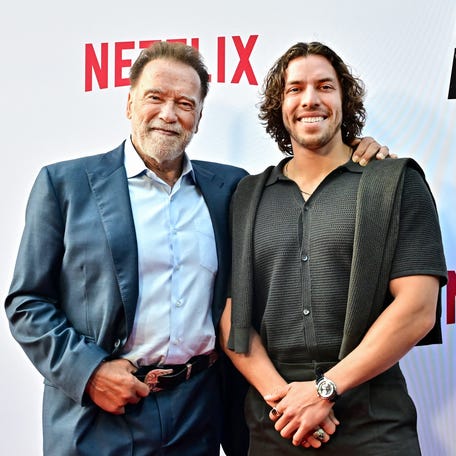 Arnold Schwarzenegger and Joseph Baena attend the premiere of Netflix's "Fubar", Season 2, at the Tudum Theater in Los Angeles on June 11, 2025.