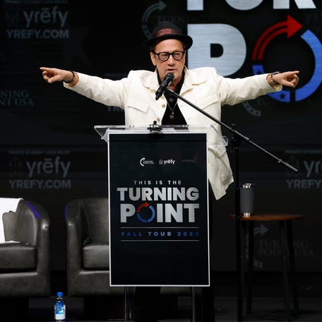 Rob Schneider speaks during a Turning Point USA event at the University of California, Berkeley, on Nov. 10, 2025.