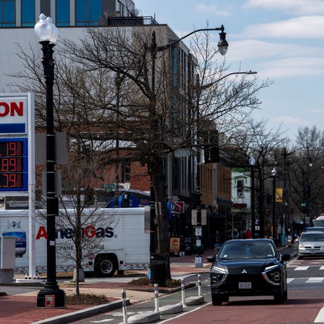 Gas prices are displayed at a gas station on Capitol Hill, amid the U.S.-Israeli war with Iran, in Washington, D.C., on March 19, 2026.