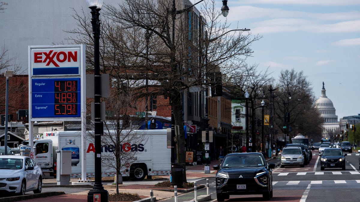 Gas prices are displayed at a gas station on Capitol Hill, amid the U.S.-Israeli war with Iran, in Washington, D.C., on March 19, 2026.