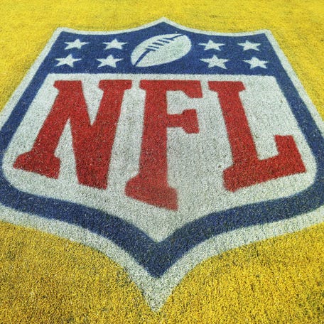 Dec 15, 2025; Pittsburgh, Pennsylvania, USA; National Football League shield logo in the end zone of Acrisure Stadium before the Pittsburgh Steelers host the Miami Dolphins.