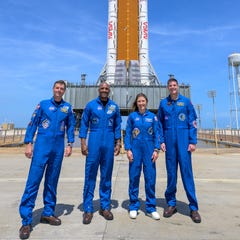 NASA astronauts Reid Wiseman, Victor Glover, Christina Koch, and Jeremy Hansen stop for a group photograph as they visit NASA's Artemis II SLS (Space Launch System) rocket and Orion spacecraft, on March 30, 2026 in Cape Canaveral, Florida.