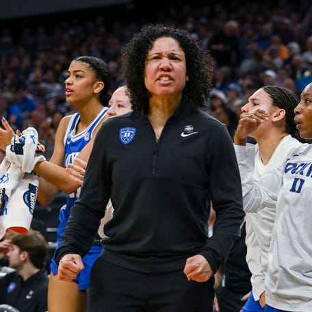 Mar 29, 2026; Sacramento, CA, USA; Duke Blue Devils head coach Kara Lawson reacts to a play during the second quarter of the game against the UCLA Bruins in the Sacramento Regional 4 of the women's 2026 NCAA Tournament at the Golden 1 Center. Mandatory Credit: Ed Szczepanski-Imagn Images
