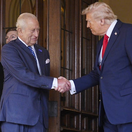 President Donald Trump bids farewell to King Charles III at Windsor Castle on Sept. 18, 2025, in Windsor, England.