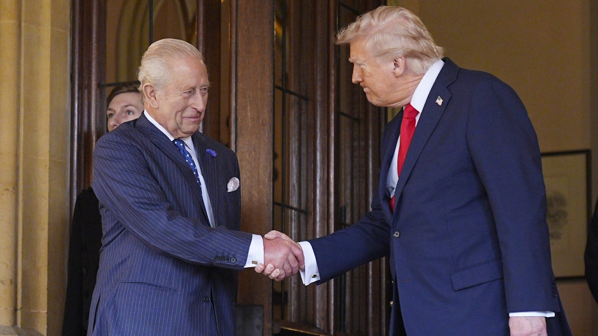 President Donald Trump bids farewell to King Charles III at Windsor Castle on Sept. 18, 2025, in Windsor, England.