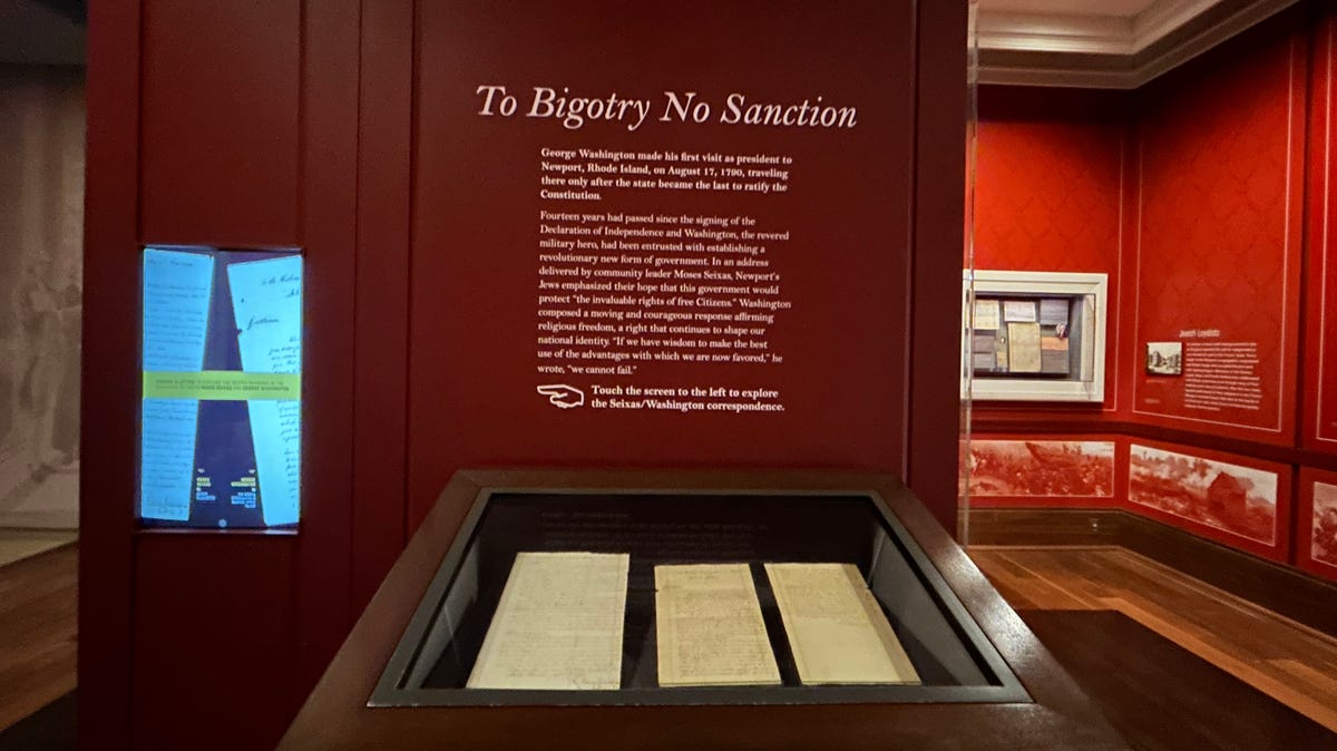A display at the Weitzman Museum shows reproductions of letters between Moses Seixas a leader in Newport, Rhode Island's Jewish community, and George Washington, in which the first President affirmed the promise of religious freedom.