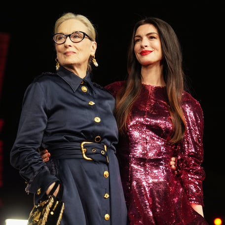 MEXICO CITY, MEXICO - MARCH 30: Anne Hathaway (R) and Meryl Streep smile during a conference for the movie 'The Devil Wears Prada 2' at Casa Azul on March 30, 2026 in Mexico City, Mexico.