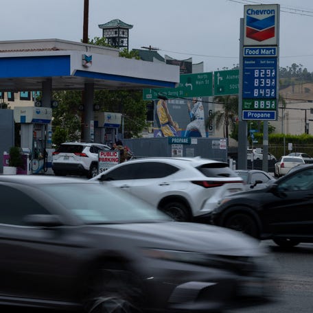 High prices for gasoline and diesel no. 2 at a gas station in downtown Los Angeles, California, U.S., March 31, 2026. REUTERS/Mike Blake