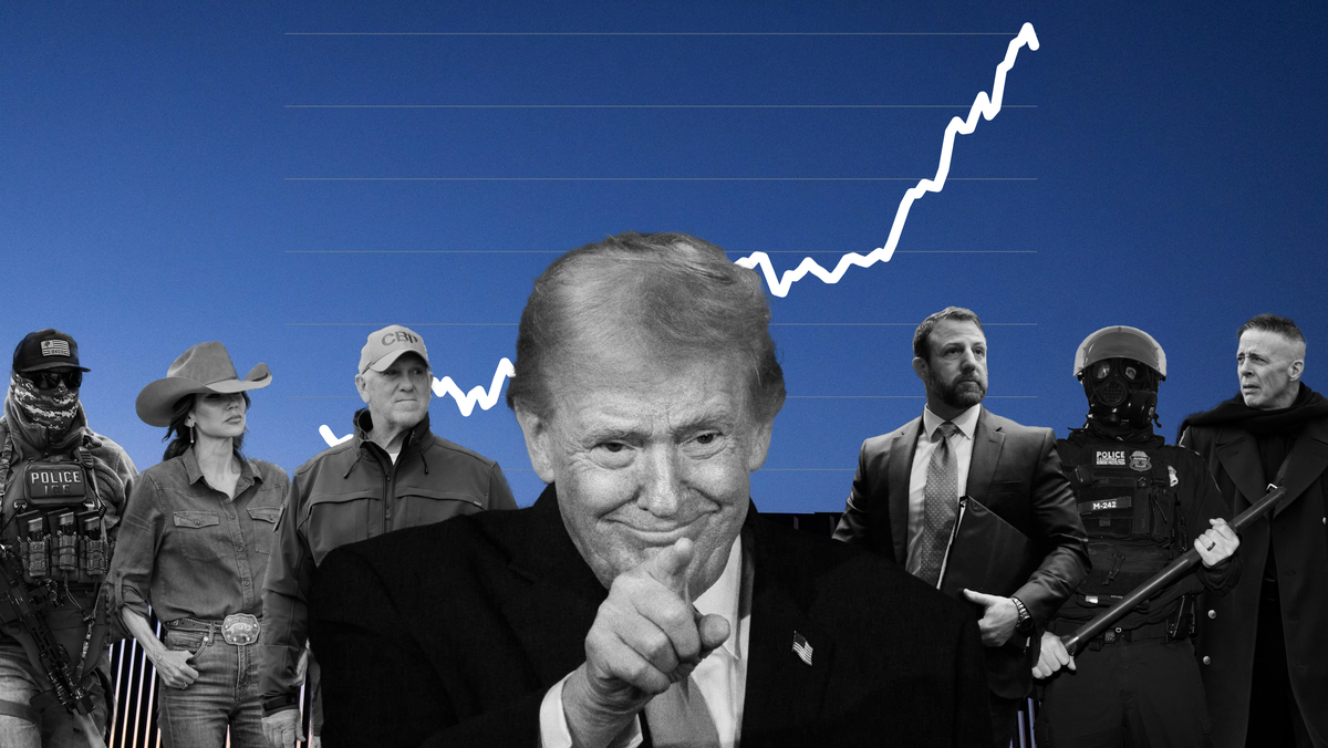 President Donald Trump, Department of Homeland Security officials and immigration agents over a backdrop of the U.S. Mexico border.
