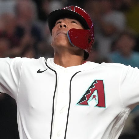 Jose Fernandez celebrates hitting a three-run home run against the Detroit Tigers in the eighth inning at Chase Field on March 31, 2026.
