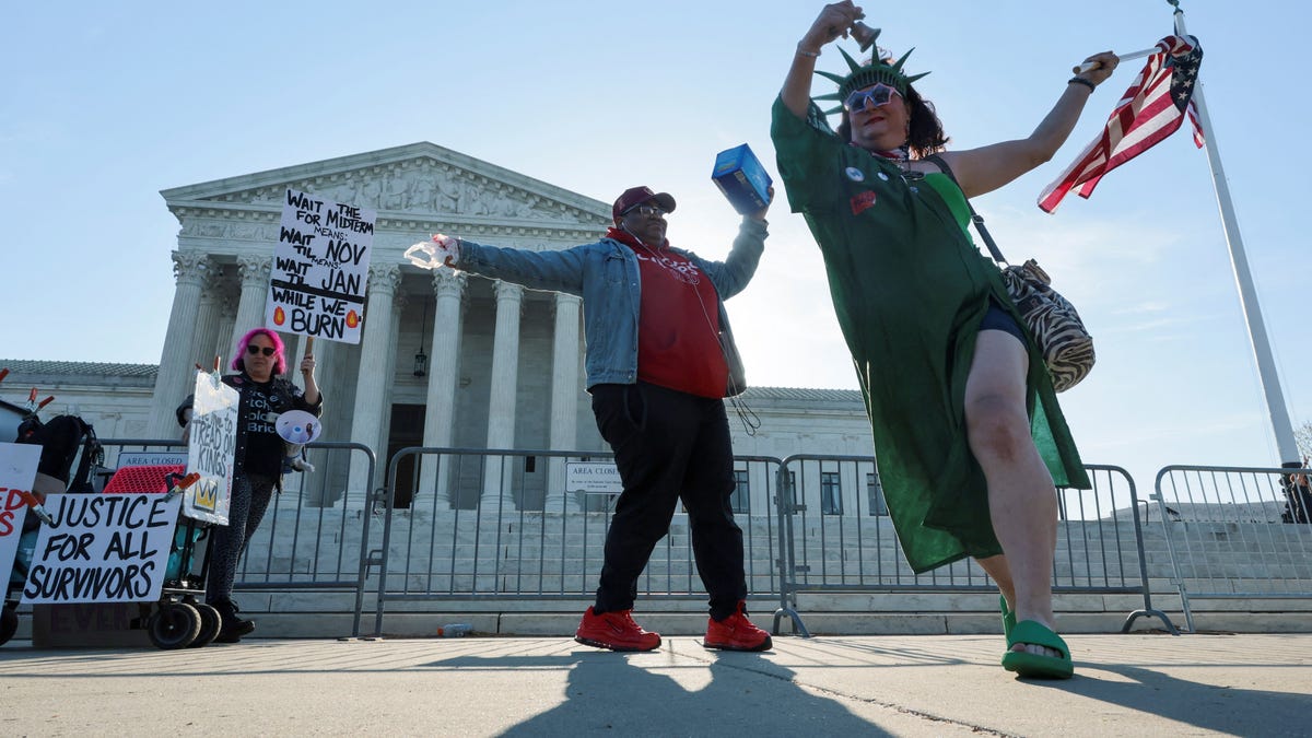 Demonstrators gather outside the U.S. Supreme Court building on the day the court is expected to hear oral arguments on the legality of the Trump administration's effort to limit birthright citizenship for the children of immigrants on April 1, 2026.