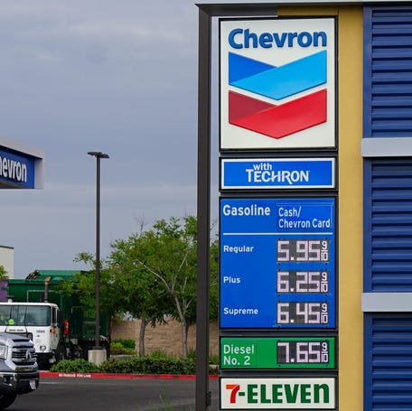 A truck refuels at the Chevron Gas Station on 1911 Cosumnes River Boulevard in Sacramento, on Tuesday, March 31, 2026. At some California gas stations, prices for regular unleaded have reached up to $5.95 per gallon.