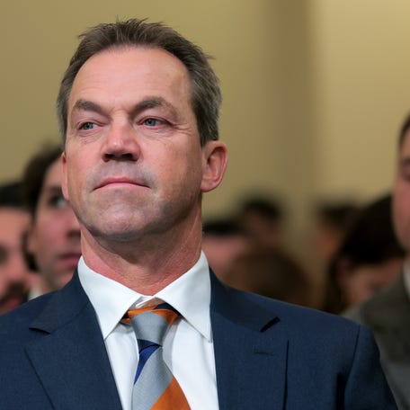 Bryon Noem, the husband of then-U.S. Secretary of Homeland Security Kristi Noem listens as she testifies before the House Committee on Homeland Security in the Cannon House Office Building on Dec. 11, 2025 in Washington, DC.