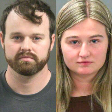 Joseph Duggar and Kendra Duggar pose in two separate police booking photos after being charged with child endangerment claims on March 20, 2026, in Fayetteville, Arkansas.
