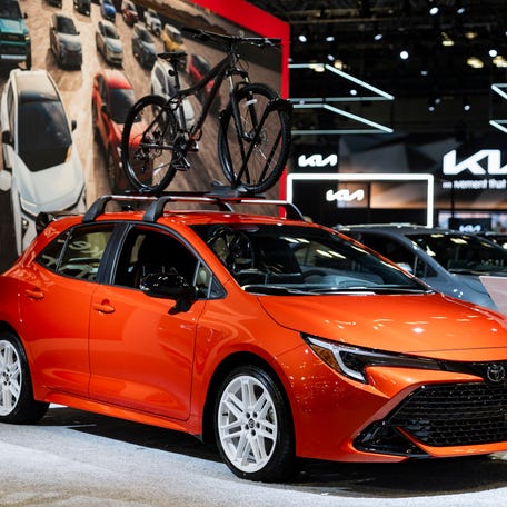 Here we have the Toyota Corolla Hatchback on display at the New York Auto Show during media previews on April 1, 2026. This specific model can vary but starts as low as $24,580.