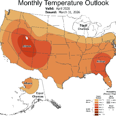 The national temperature forecast map for April shows above-average temperatures are expected from coast to coast. Only the northern tier favors equal chances of above, near, and below-normal temperatures.