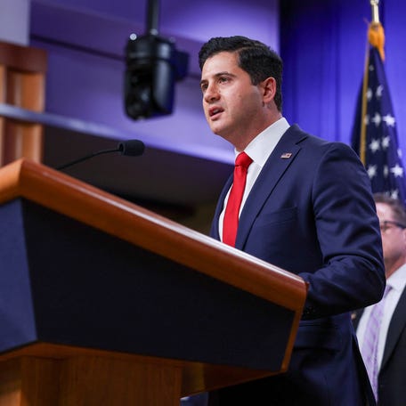 First Assistant U.S. Attorney for the Central District of California Bill Essayli speaks during the announcement of a law enforcement action during a news conference at the Department of Justice in Washington, DC, on Nov. 19, 2025.