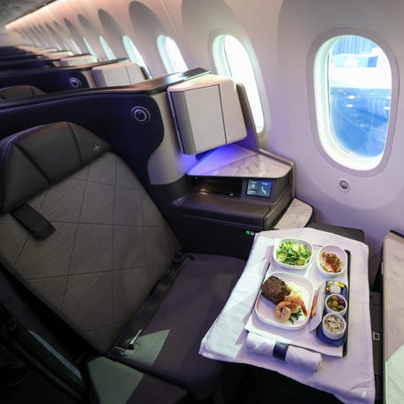 A sample meal offered in the Polaris business class of a United Airlines Boeing 787-9 Dreamliner aircraft is displayed during a media event at Los Angeles International Airport (LAX) on March 24, 2026.