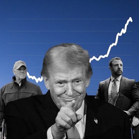 President Donald Trump, Department of Homeland Security officials and immigration agents over a backdrop of the U.S. Mexico border.