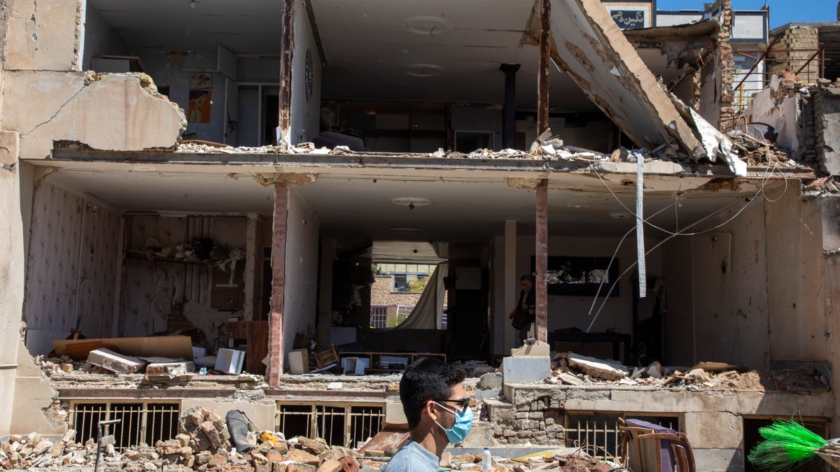 A residential building that was damaged by recent strikes at Vahdat town on April 3, 2026 in Karaj, southwest of Tehran, Iran.