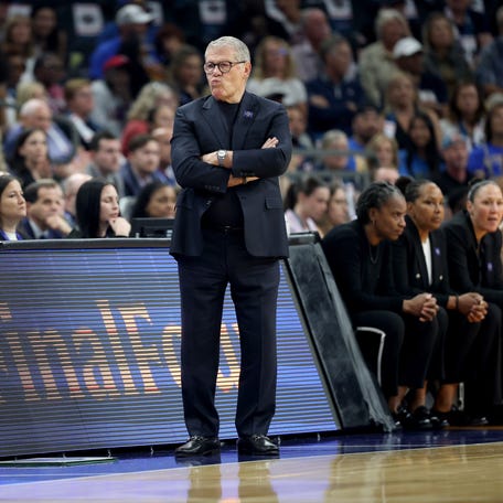 PHOENIX, ARIZONA - APRIL 03: Head coach Geno Auriemma of the UConn Huskies looks on during the first quarter against the South Carolina Gamecocks in the Final Four of the NCAA Women's Basketball Tournament at Mortgage Matchup Center on April 03, 2026 in Phoenix, Arizona. (Photo by Christian Petersen/Getty Images)