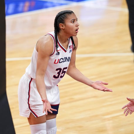 UConn guard Azzi Fudd (35) reacts in the second half against the South Carolina Gamecocks.