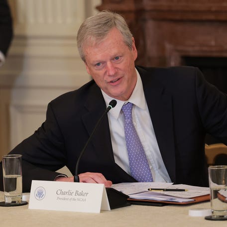 NCAA President Charlie Baker speaks during a roundtable discussion on college sports in the East Room of the White House on March 06, 2026 in Washington, DC. The Trump administration held the roundtable titled "Saving College Sports."