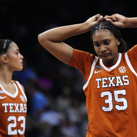 Texas guard Madison Booker (35) reacts as the team trails late against UCLA at Mortgage Matchup Center during a Final Four semifinal game in Phoenix on April 3, 2026.