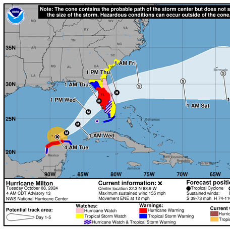 An example of the new version of the National Hurricane Center's forecast cone graphic that becomes operational this summer. It's shown for Hurricane Milton in 2024, and includes the areas covered by inland watches and warnings.