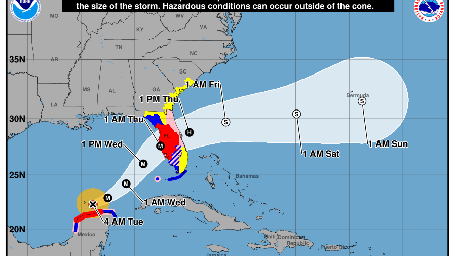 An example of the new version of the National Hurricane Center's forecast cone graphic that becomes operational this summer. It's shown for Hurricane Milton in 2024, and includes the areas covered by inland watches and warnings.