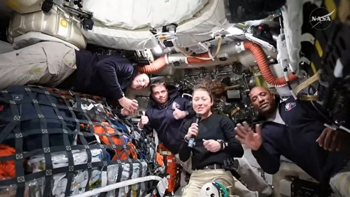 NASA Artemis II crew members Jeremy Hansen, Reid Wiseman, Christina Koch and Victor Glover answer questions from reporters during the first downlink event of their mission on April 2, 2026.
