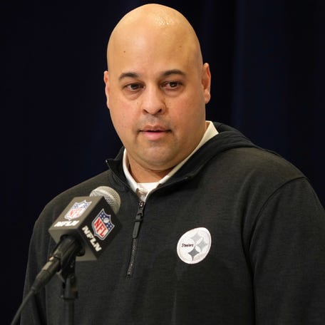 Pittsburgh Steelers general manager Omar Khan speaks during the NFL Scouting Combine at the Indiana Convention Center in Indianapolis on Feb. 25, 2025.