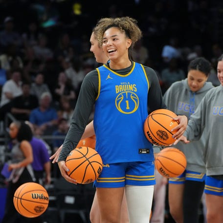UCLA Bruins guard Kiki Rice (1) practices at the Mortgage Matchup Center in Phoenix on April 4, 2026, ahead of their NCAA National Championship matchup against the South Carolina Gamecocks on Sunday.