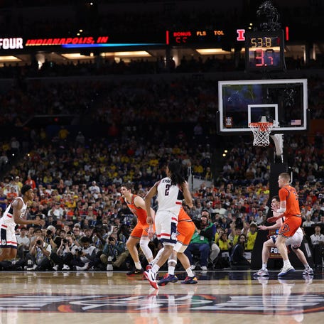 Braylon Mullins #24 of the UConn Huskies shoots a three pointer against the Illinois Fighting Illini during the second half in the Final Four of the 2026 NCAA Men's Basketball Tournament at Lucas Oil Stadium on April 04, 2026 in Indianapolis, Indiana.