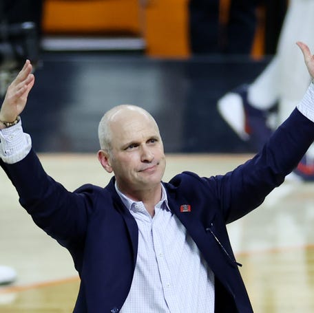 UConn Huskies head coach Dan Hurley celebrates after defeating the Illinois Fighting Illini in a semifinal of the Final Four of the men's 2026 NCAA Tournament at Lucas Oil Stadium on April 4, 2026 in Indianapolis, Indiana.