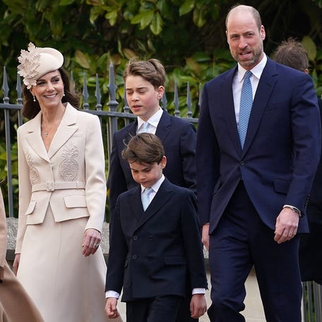 Princess Charlotte (from left), Princess Kate, Prince George, Prince Louis and Prince William arrive for Easter service at St. George's Chapel in Windsor on April 5, 2026.