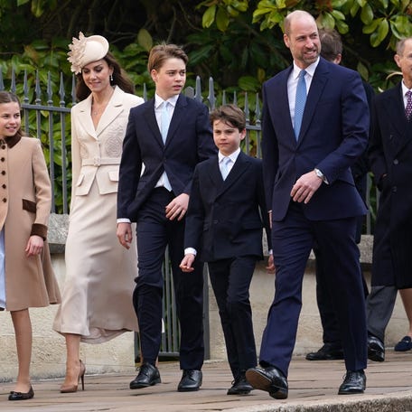 (L-R) Britain's Princess Charlotte of Wales, Britain's Catherine, Princess of Wales, Britain's Prince George of Wales, Britain's Prince Louis of Wales, Britain's Prince William, Prince of Wales, Britain's Prince Edward, Duke of Edinburgh and Britain's Princess Anne, Princess Royal walk to St George's Chapel, in Windsor, west of London, to attend the Easter Matins Service, on April 5, 2026.