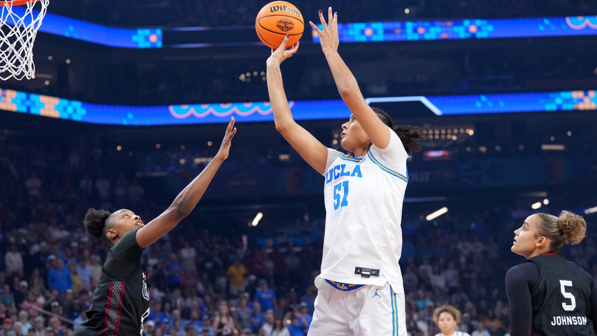 UCLA Bruins center Lauren Betts (51) shoots against South Carolina Gamecocks forward Joyce Edwards (8) during the NCAA championship game in Phoenix on April 5, 2026.
