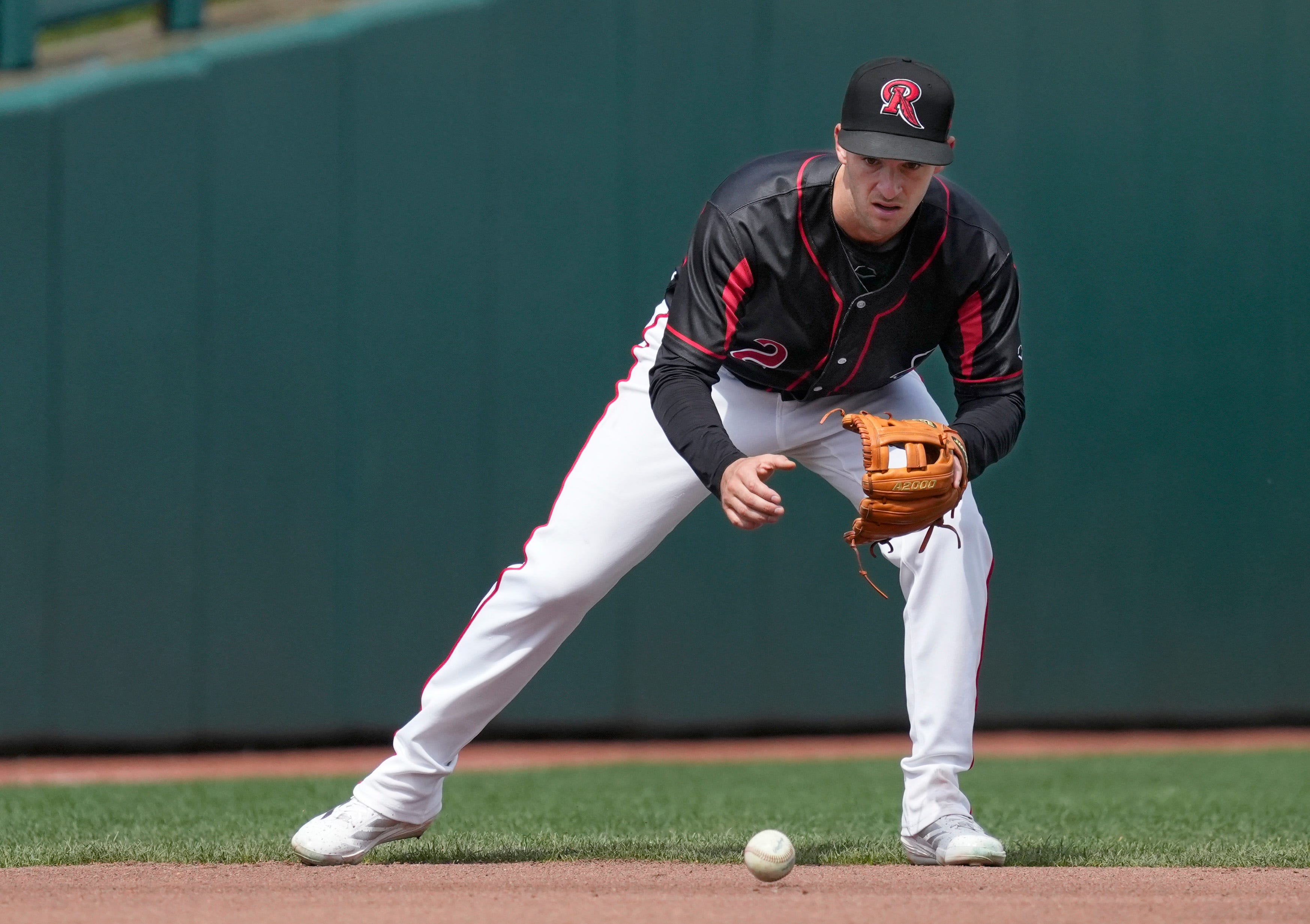 Red Wings shortstop Zack Short eyes in a grounder to short during the first game of a doubleheader against Scranton/Wilkes-Barre Friday, April 3, 2026 at ESL Ballpark in Rochester.