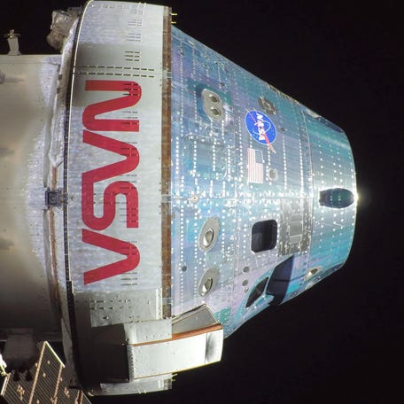 A view of the Orion capsule taken with a camera mounted on one of its solar array wings during a routine external inspection of the spacecraft on the second day of the Artemis II mission toward the moon. Liftoff for Artemis II from Kennedy Space Center in Florida was on April 1, 2026.