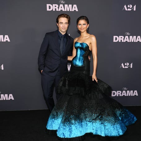 NEW YORK, NEW YORK - APRIL 02: (L-R) Robert Pattinson and Zendaya attend the premiere of A24's "The Drama" at Regal Union Square on April 02, 2026 in New York City. (Photo by Dia Dipasupil/Getty Images)