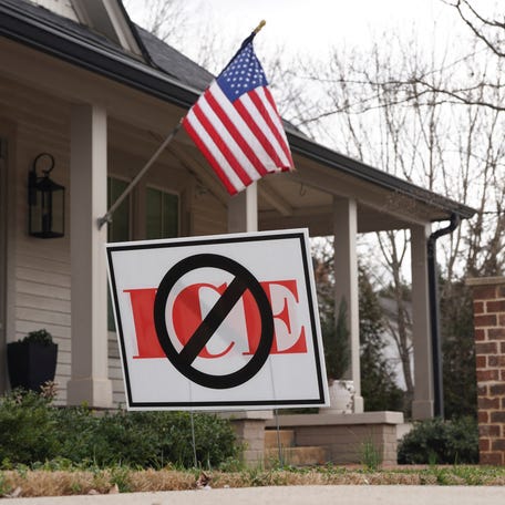 An anti-ICE sign sits outside a home in Social Circle, where a warehouse purchased by the Department of Homeland Security (DHS) is expected to be converted to an ICE detention facility, in Social Circle, Georgia, U.S., February 18, 2026.