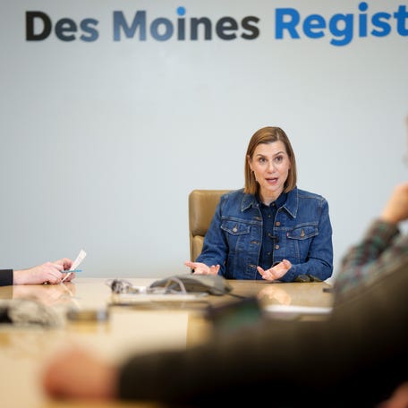 Sen. Elissa Slotkin, D-Mich. speaks to the Des Moines Register editorial board, April 7, 2026.