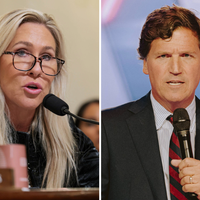 Former Rep. Marjorie Taylor Green, left, and Tucker Carlson.