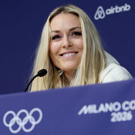 [US, Mexico & Canada customers only] Feb 3, 2026; Cortina d'Ampezzo, ITALY; Lindsey Vonn attends a press conference at a press conference at the Cortina Curling Olympic Stadium in preparation for the Milano Cortina 2026 Olympic Winter Games. Mandatory Credit: Leonhard Foeger/Reuters via Imagn Images