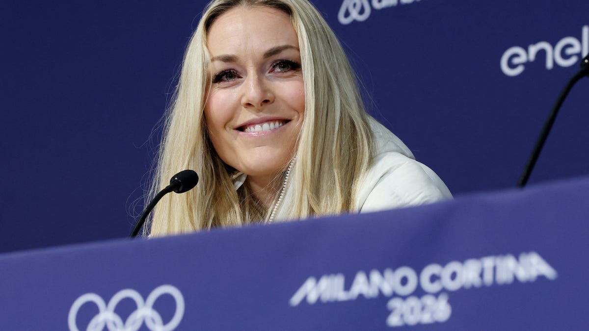 [US, Mexico & Canada customers only] Feb 3, 2026; Cortina d'Ampezzo, ITALY; Lindsey Vonn attends a press conference at a press conference at the Cortina Curling Olympic Stadium in preparation for the Milano Cortina 2026 Olympic Winter Games. Mandatory Credit: Leonhard Foeger/Reuters via Imagn Images