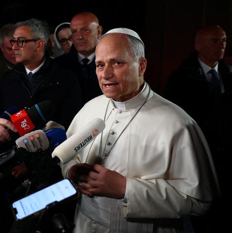 Pope Leo XIV speaks to reporters on the Iran war in Castel Gandolfo, Italy, on April 7, 2026.