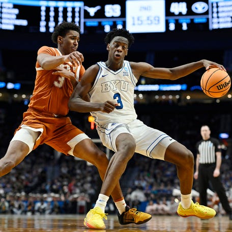 1. Washington Wizards: AJ Dybantsa
TEAM: BYU
POSITION: Wing
BORN: Massachusetts
HEIGHT: 6-9
DRAFT AGE: 19
The Wizards have the second-worst offense in the NBA and could instantly inject life into their offense by selecting AJ Dybantsa, the NCAA scoring champion and Julius Erving Award winner. He emphasized that point during his one game for BYU in March Madness, putting up 35 points and 10 rebounds. The Big 12 Rookie of the Year led the nation in unassisted points scored (680) by a wide margin this season, per CBB Analytics. The emerging star also had 40 points against Kansas State in the Big 12 Tournament on March 10 and averaged 28.8 points per game over his final 17 appearances.